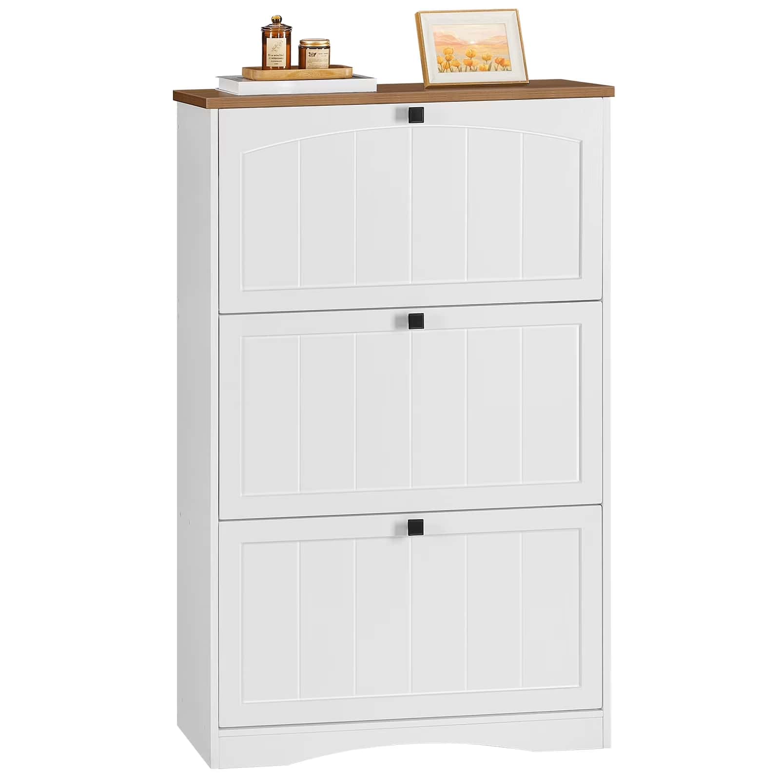 White storage cabinet with wooden top on a white background