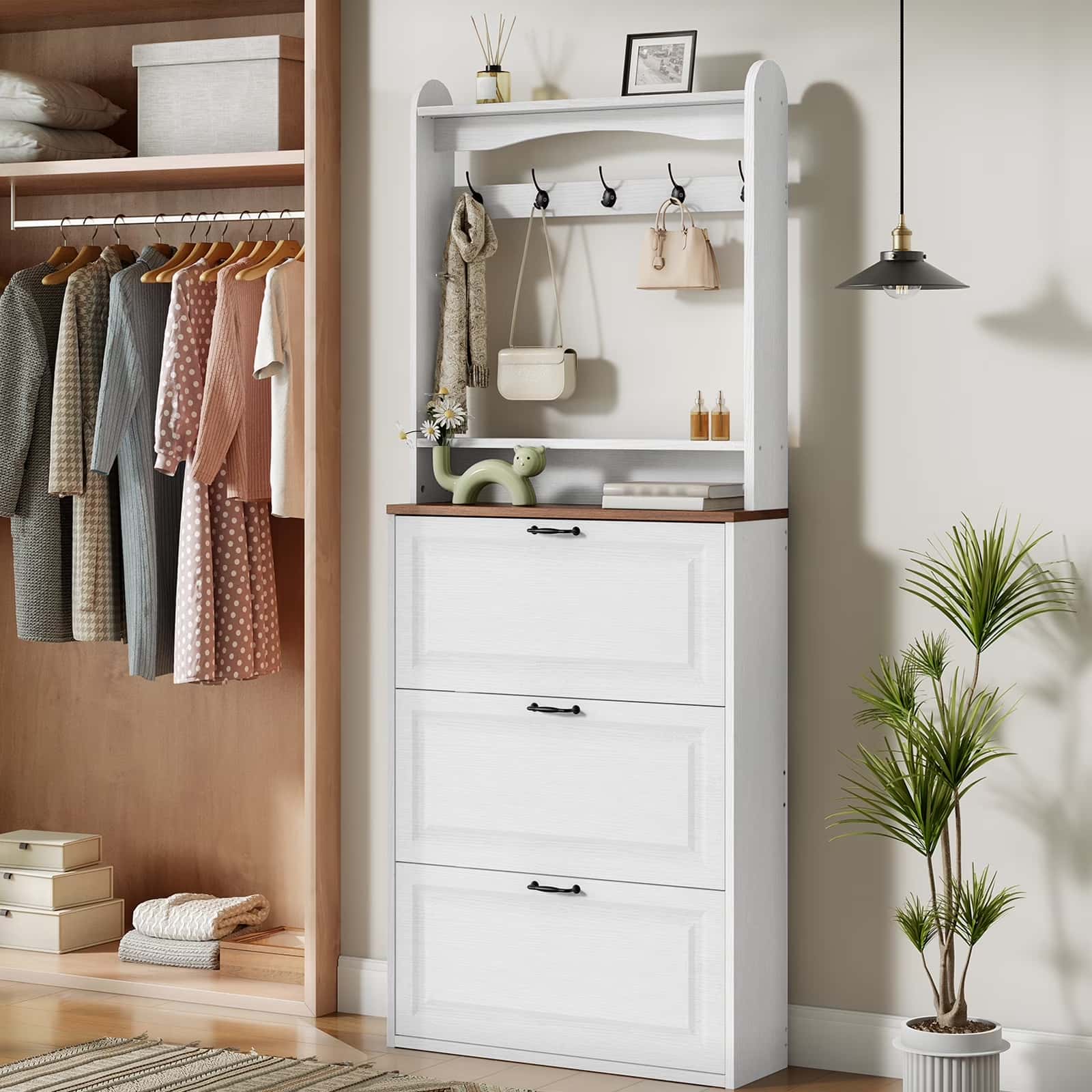 Narrow Shoe Cabinet Hall Tree with Coat Rack White & Walnut