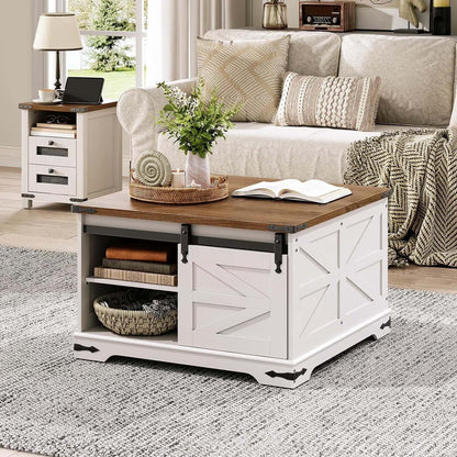 White coffee table with wooden top in a living room setting