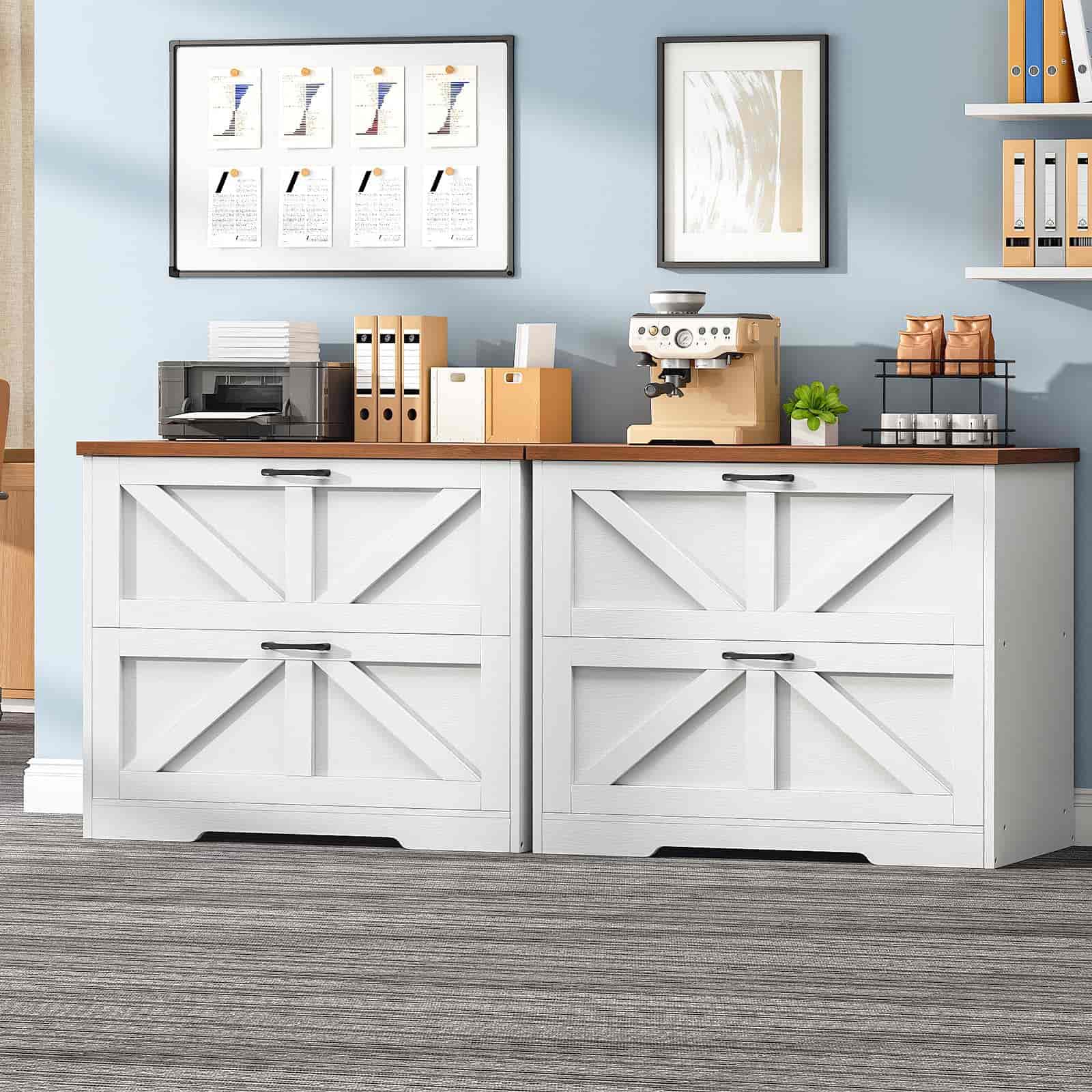 White storage cabinets with wooden top in a room with office furniture and decor.
