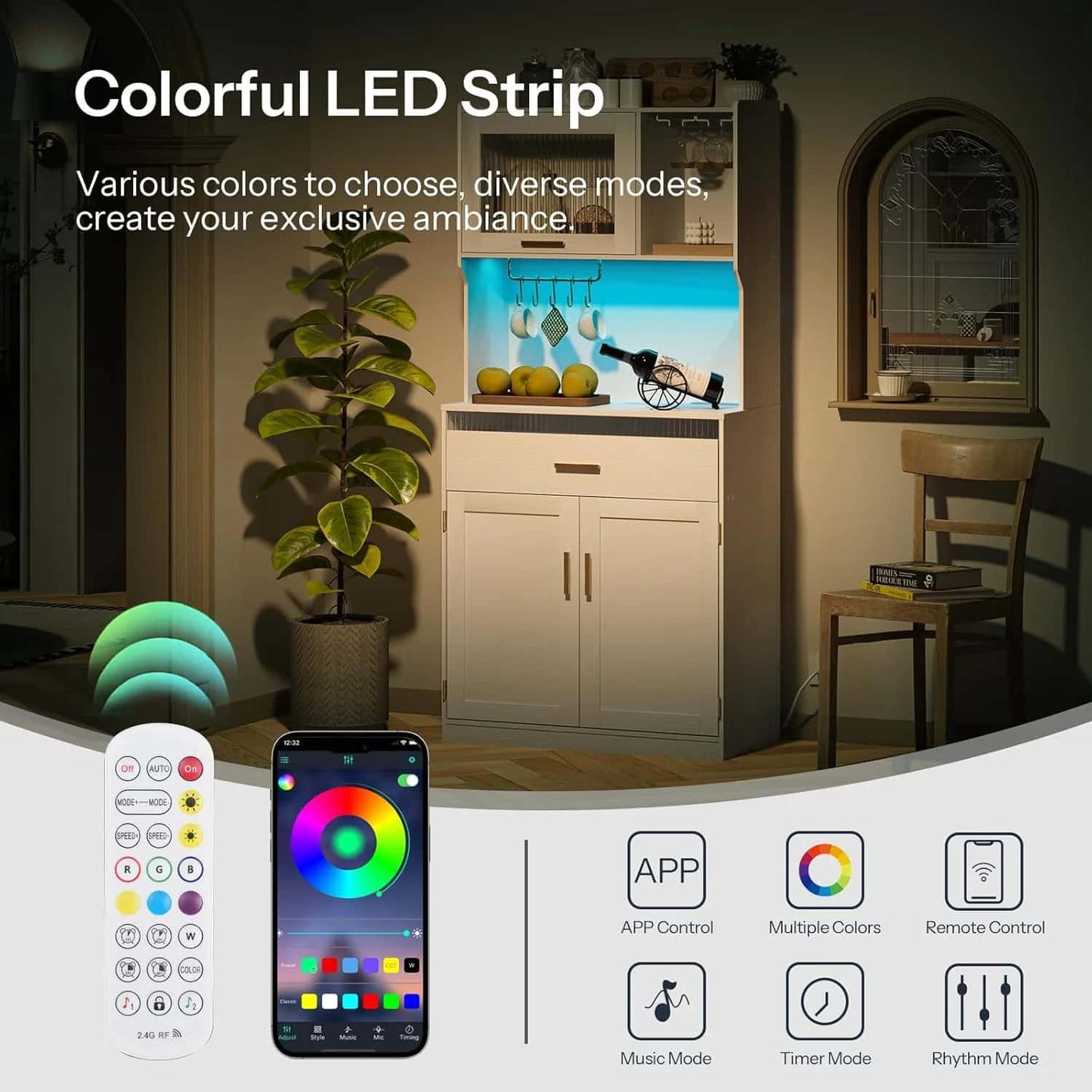 Colorful LED strip lighting up a kitchen cabinet with remote control and smartphone app interface.