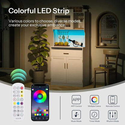 Colorful LED strip lighting up a kitchen cabinet with remote control and smartphone app interface.