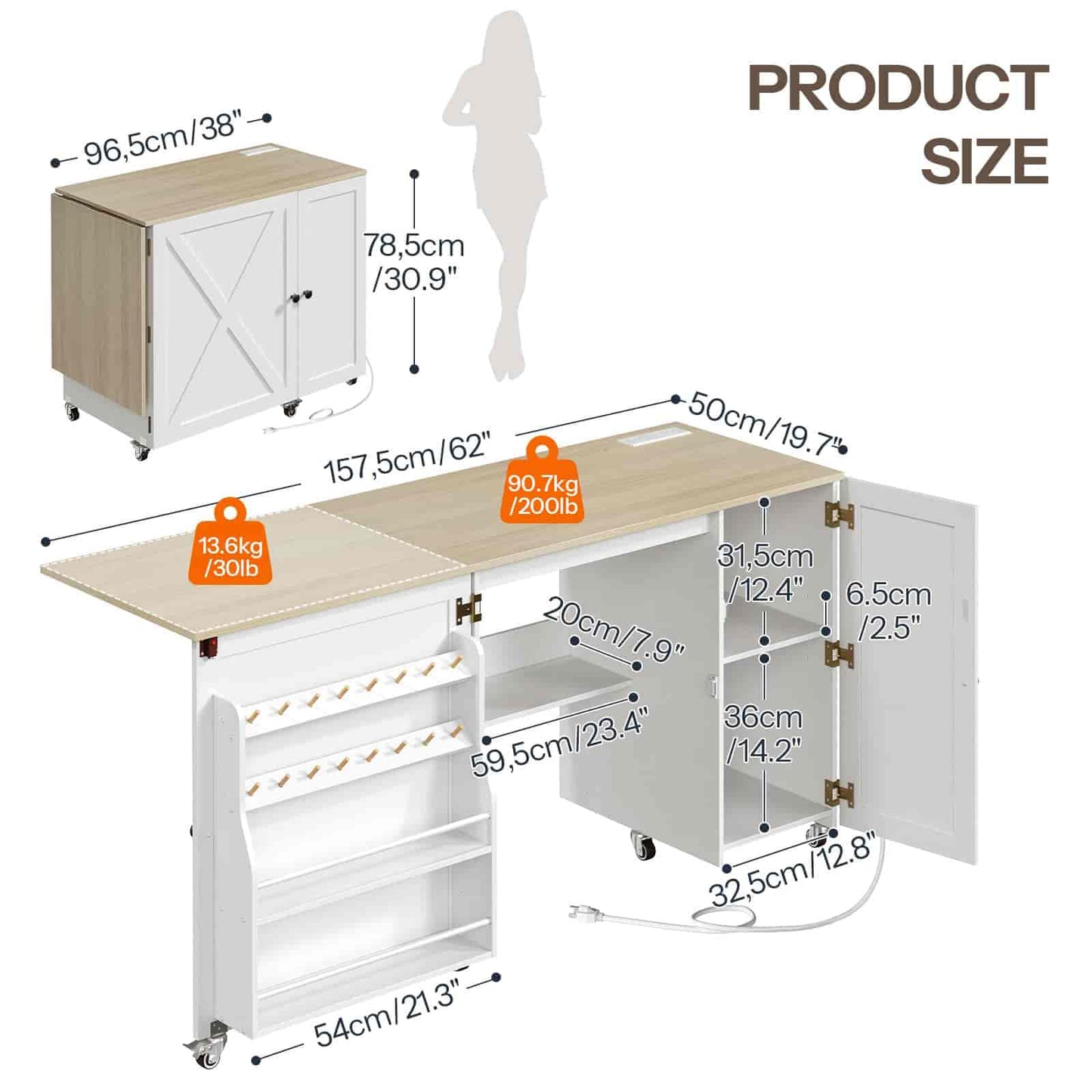 White and beige workbench with dimensions and weight displayed