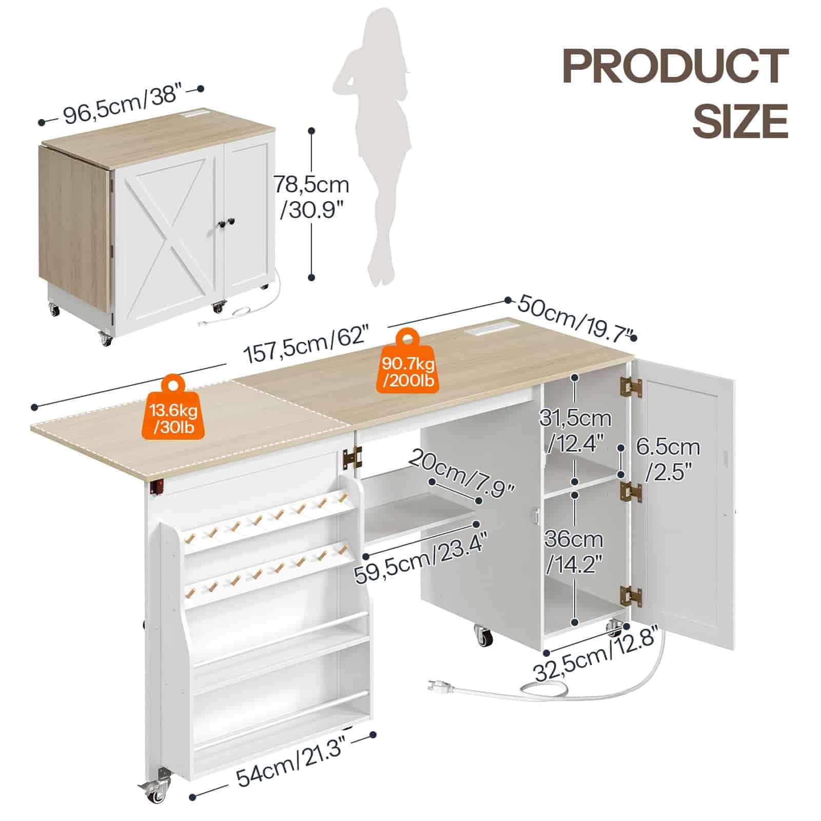 White and beige workbench with dimensions and weight displayed