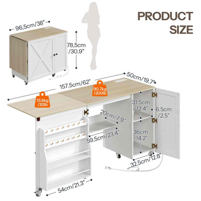 White and beige workbench with dimensions and weight displayed