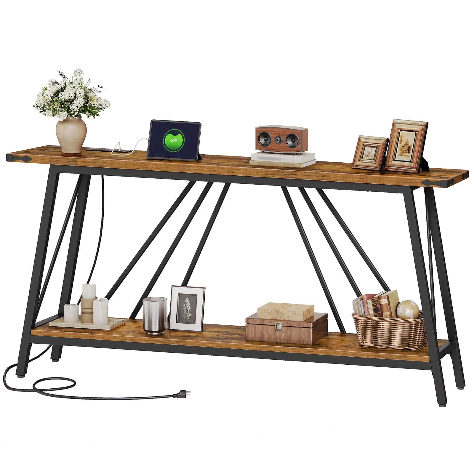 Wooden console table with black metal legs, decorated with various items on a white background
