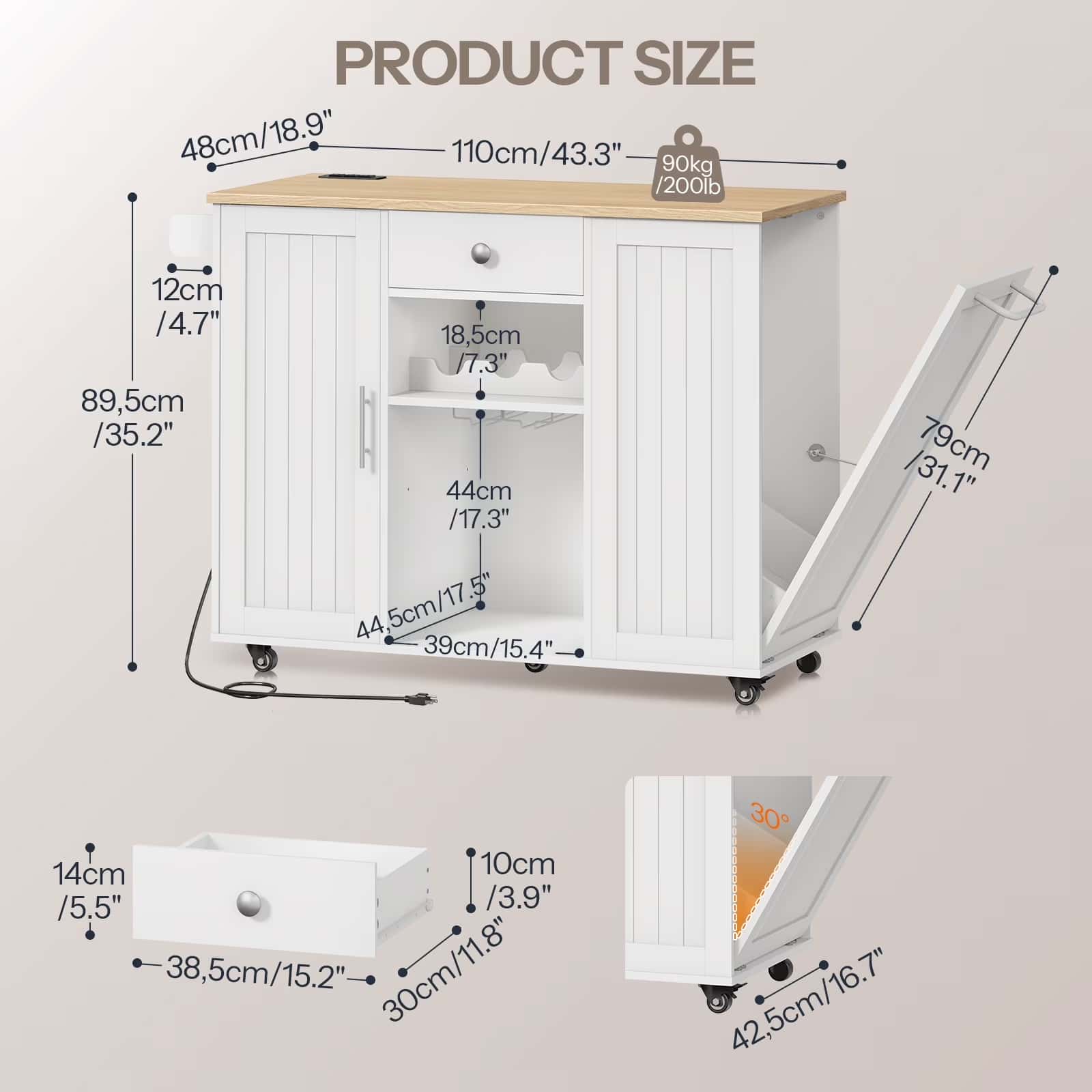 White storage cabinet with dimensions labeled on a light gray background