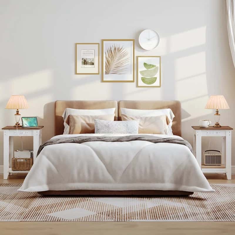 Neatly made bed in a bright bedroom with decorative elements.