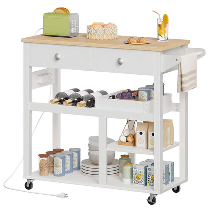 White kitchen island cart with wooden top and various items on shelves.