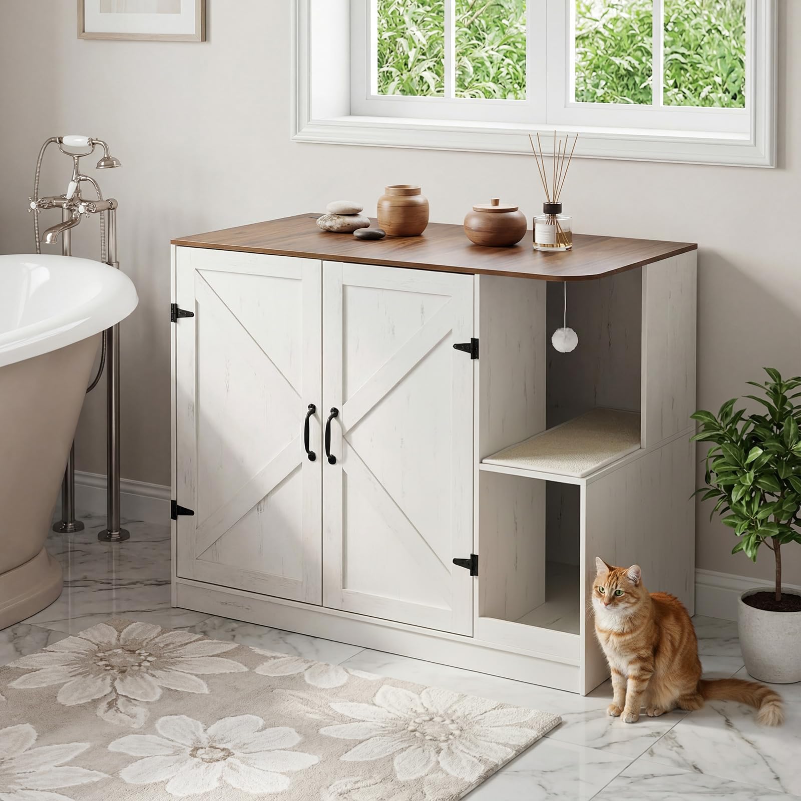 White cabinet with wooden top in a bathroom setting with a cat sitting on the floor.