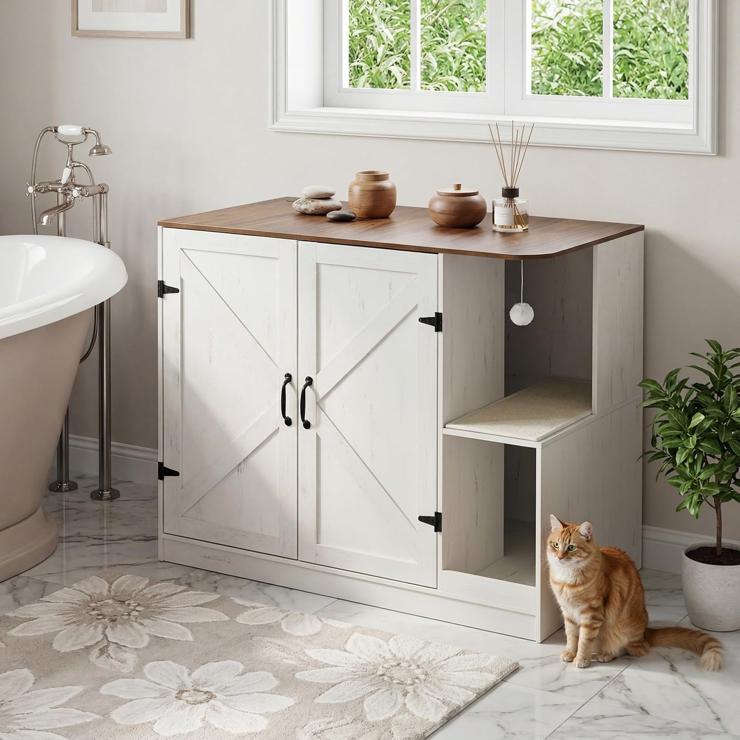 White cabinet with wooden top in a bathroom setting with a cat sitting on the floor.
