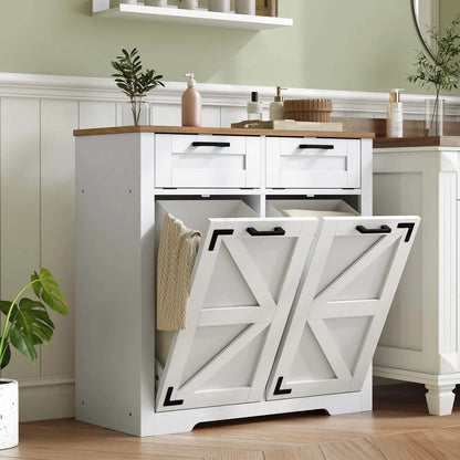 White kitchen island with wooden countertop and storage drawers in a kitchen setting.