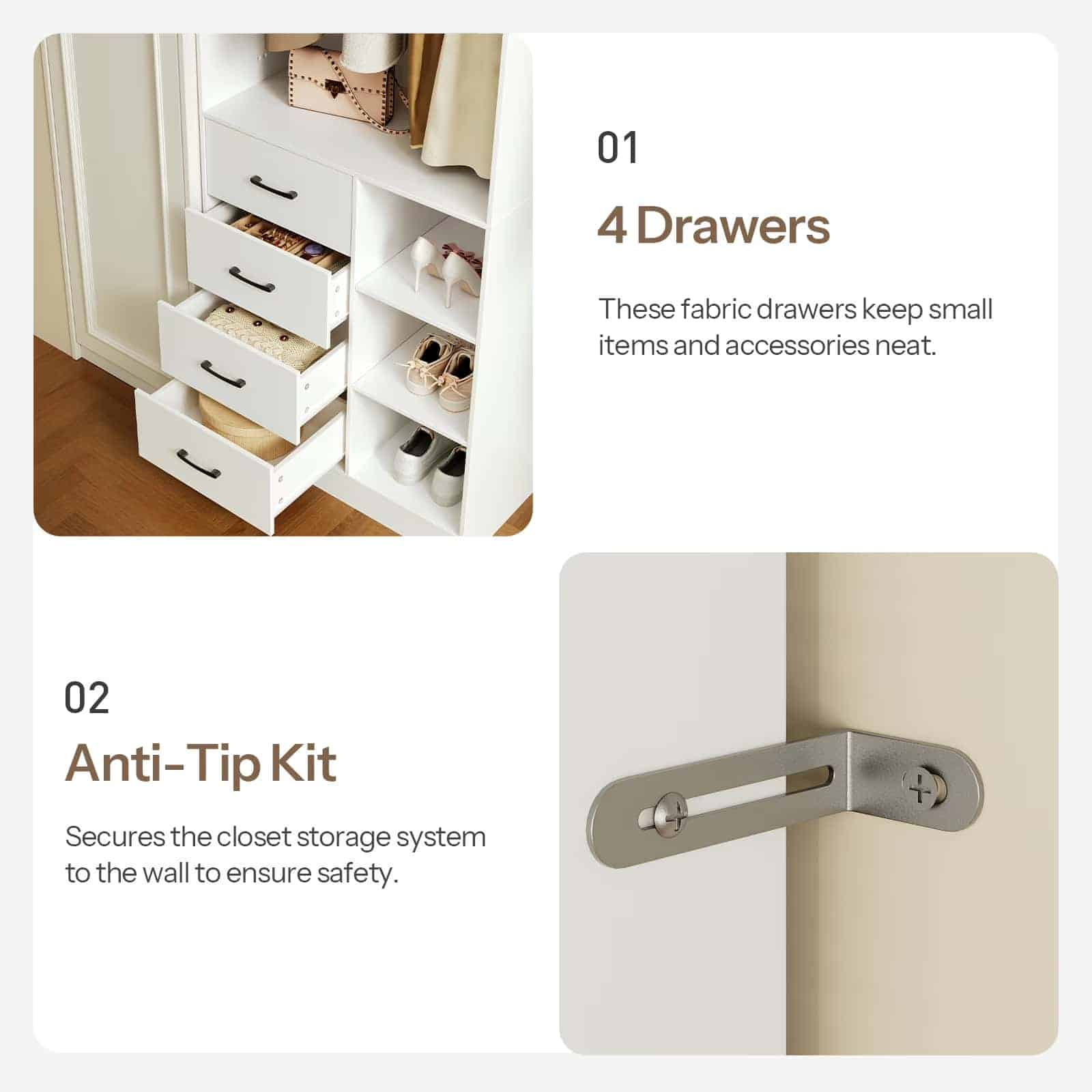 Closet storage system with 4 drawers and anti-tip kit feature, shown on a white background.