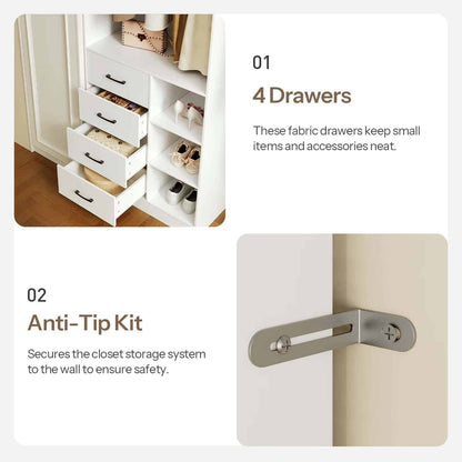 Closet storage system with 4 drawers and anti-tip kit feature, shown on a white background.