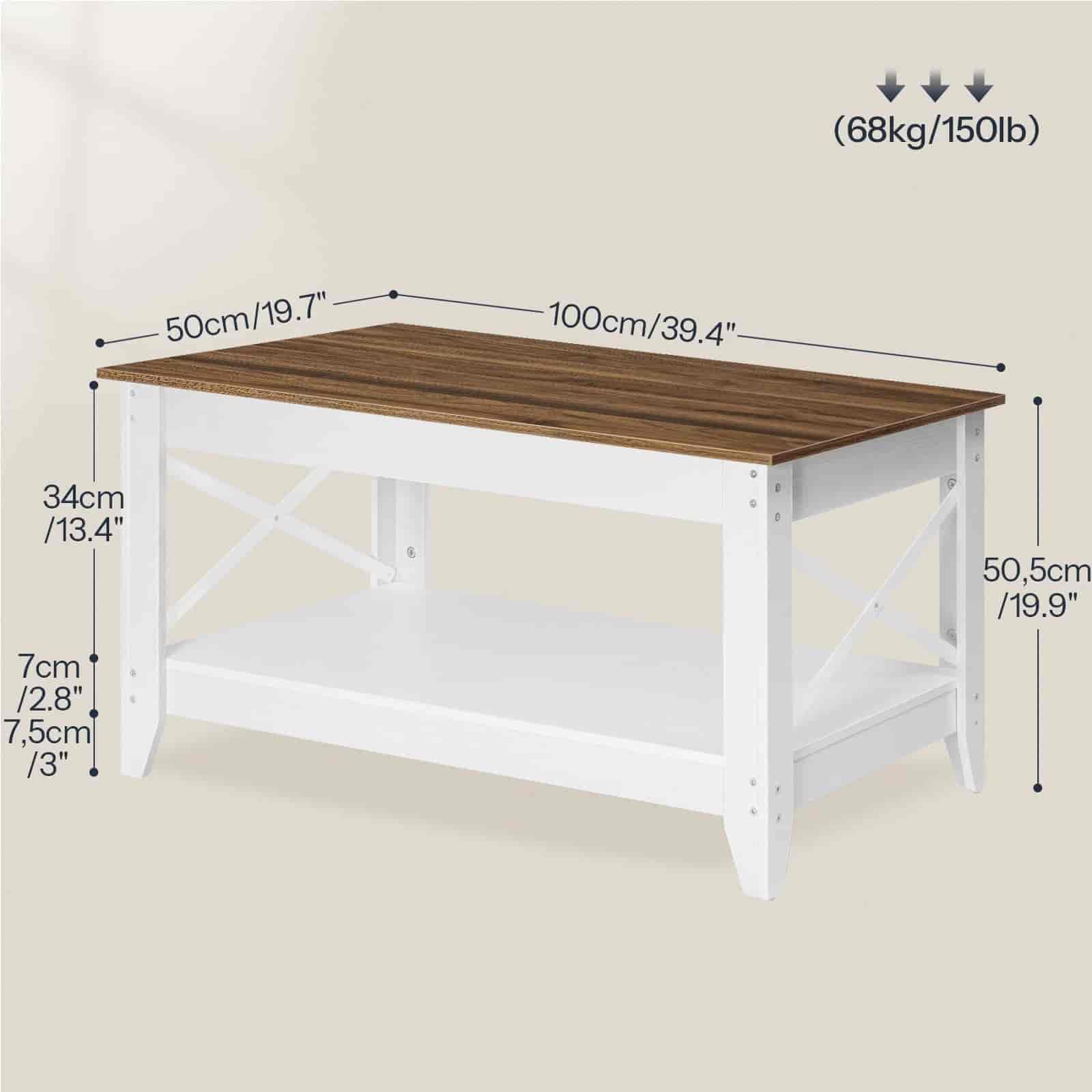 Wooden table with dimensions and weight capacity on a beige background