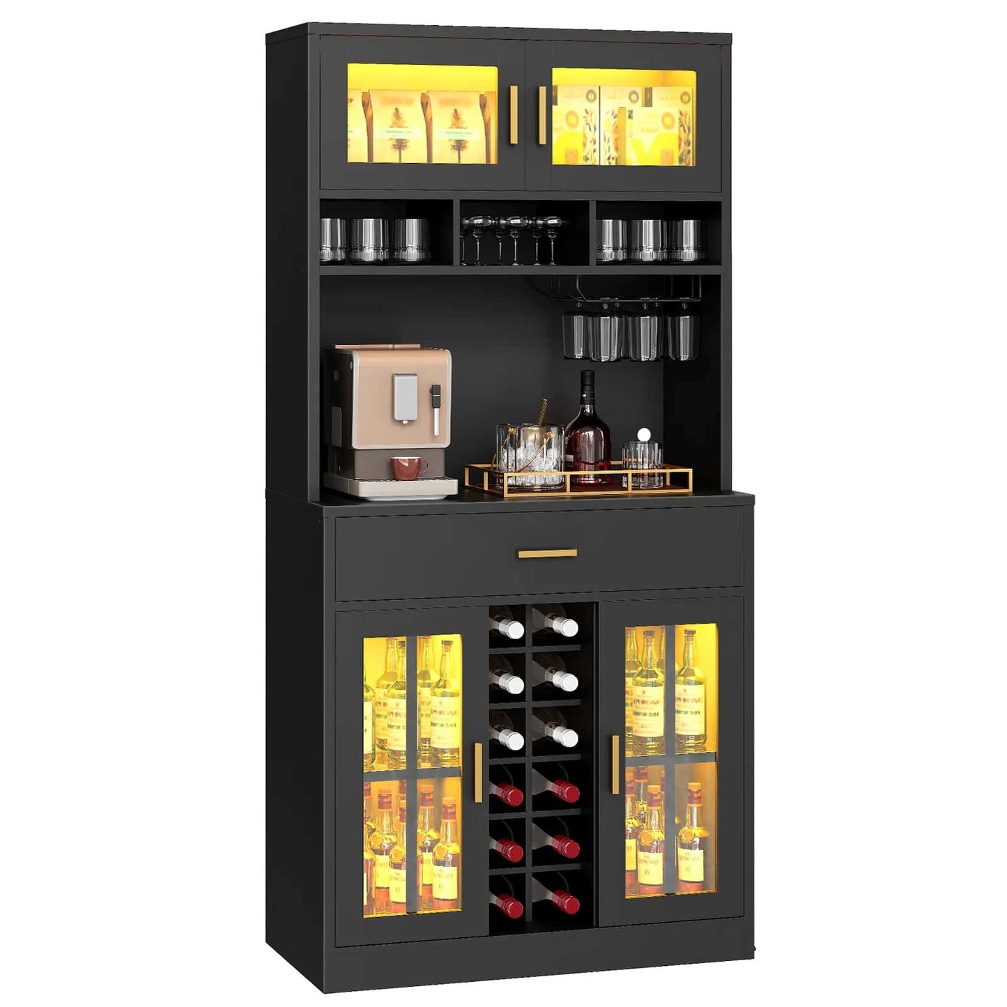 Black bar cabinet with wine storage and drinkware on a white background