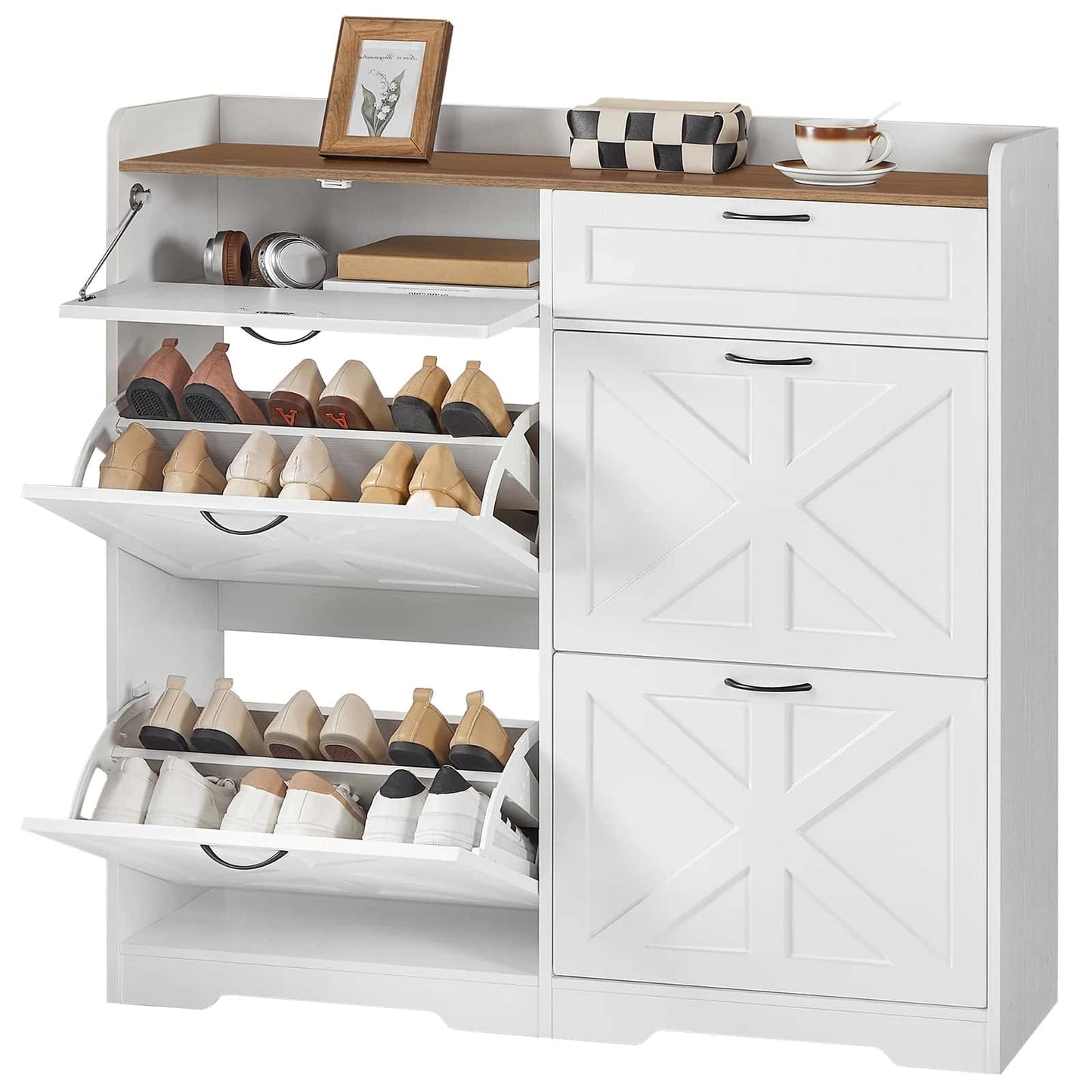 White shoe cabinet with wooden top holding shoes and decor items on a white background