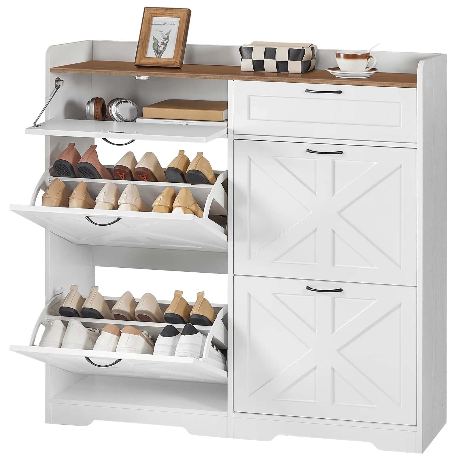 White shoe cabinet with wooden top holding shoes and decor items on a white background