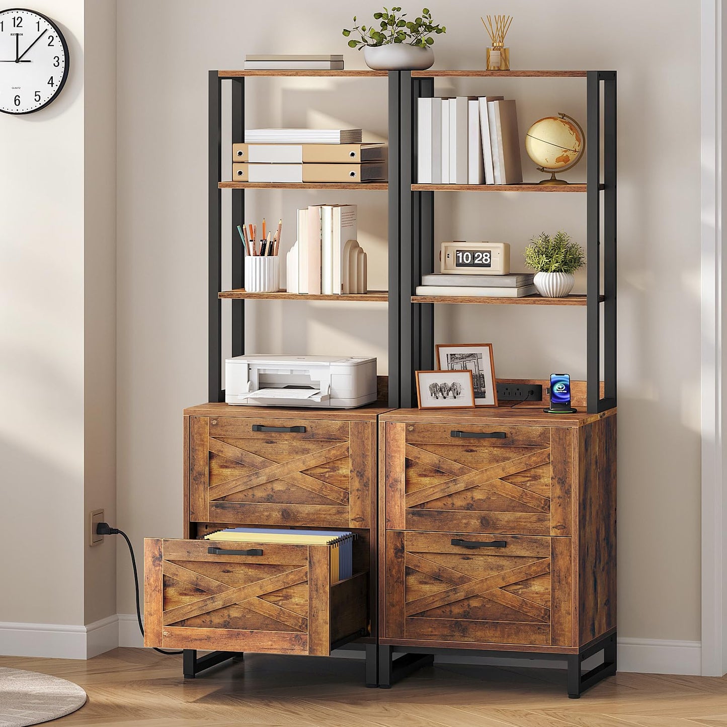 Wooden bookshelf with storage cabinets against a beige wall.