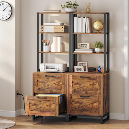 Wooden bookshelf with storage cabinets against a beige wall.