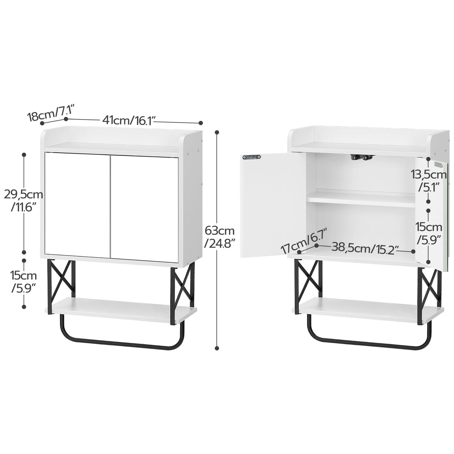 White wall-mounted cabinet with dimensions indicated on a white background