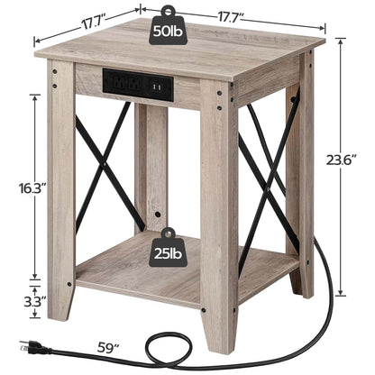 Wooden side table with dimensions and weight capacity labels on a white background