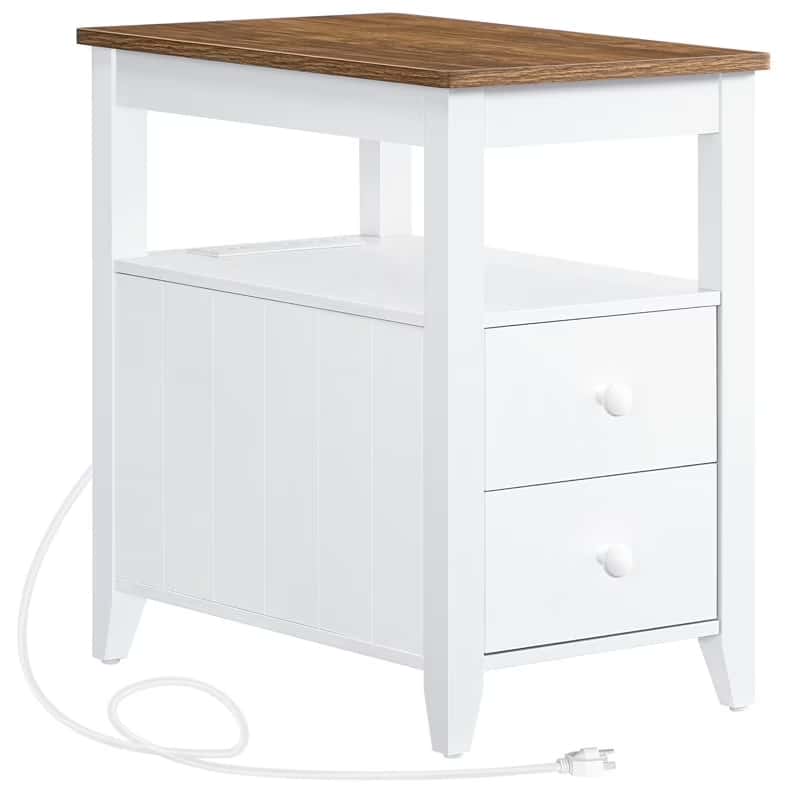 White nightstand with wooden top on a white background