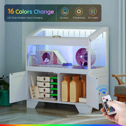 Pet cage with LED strip lighting and remote control, featuring 16 color change options.