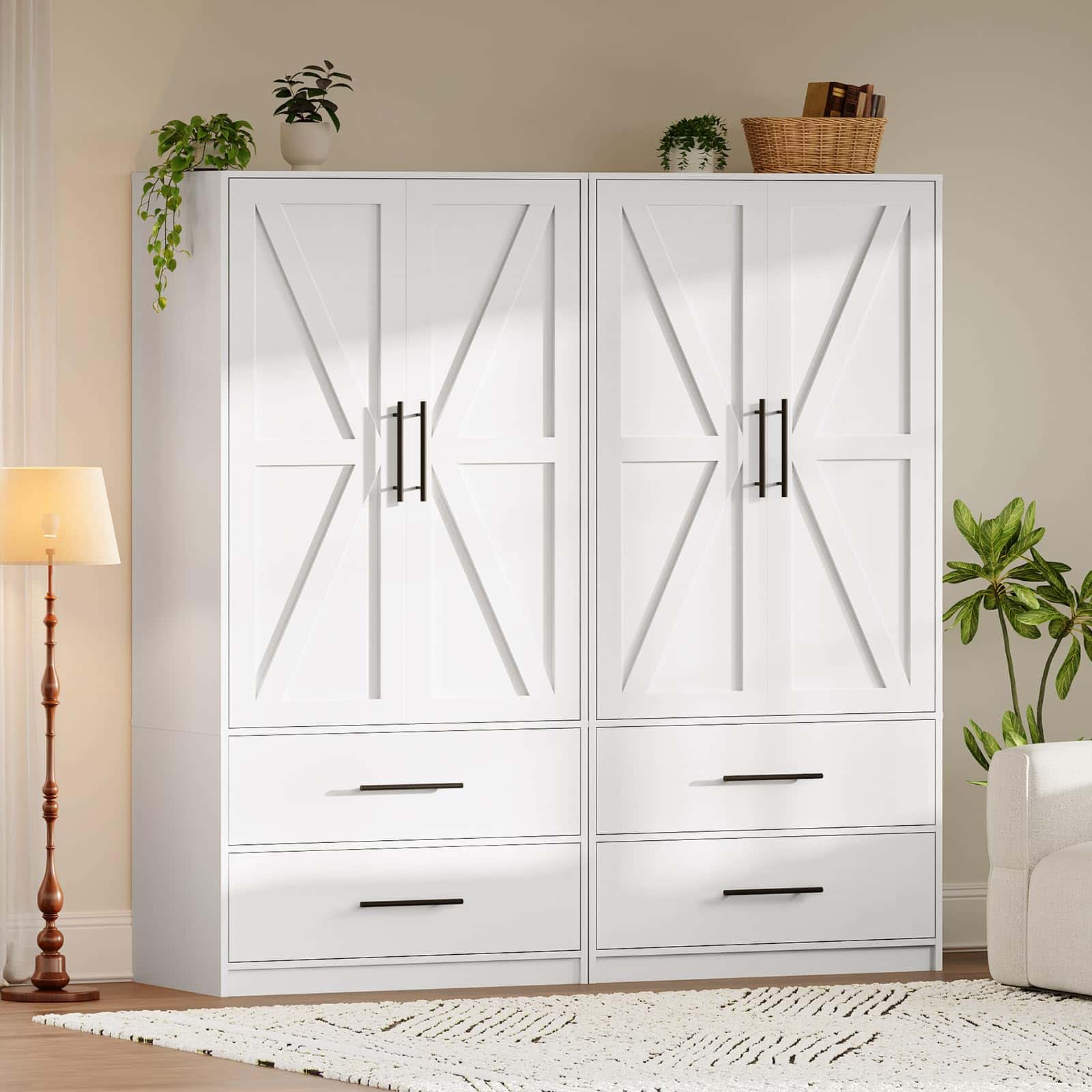 White wardrobe with decorative cross patterns and black handles in a room setting.