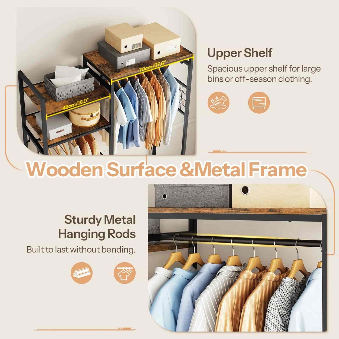 Clothing rack with wooden surface and metal frame, showing clothes on hangers and shelves.