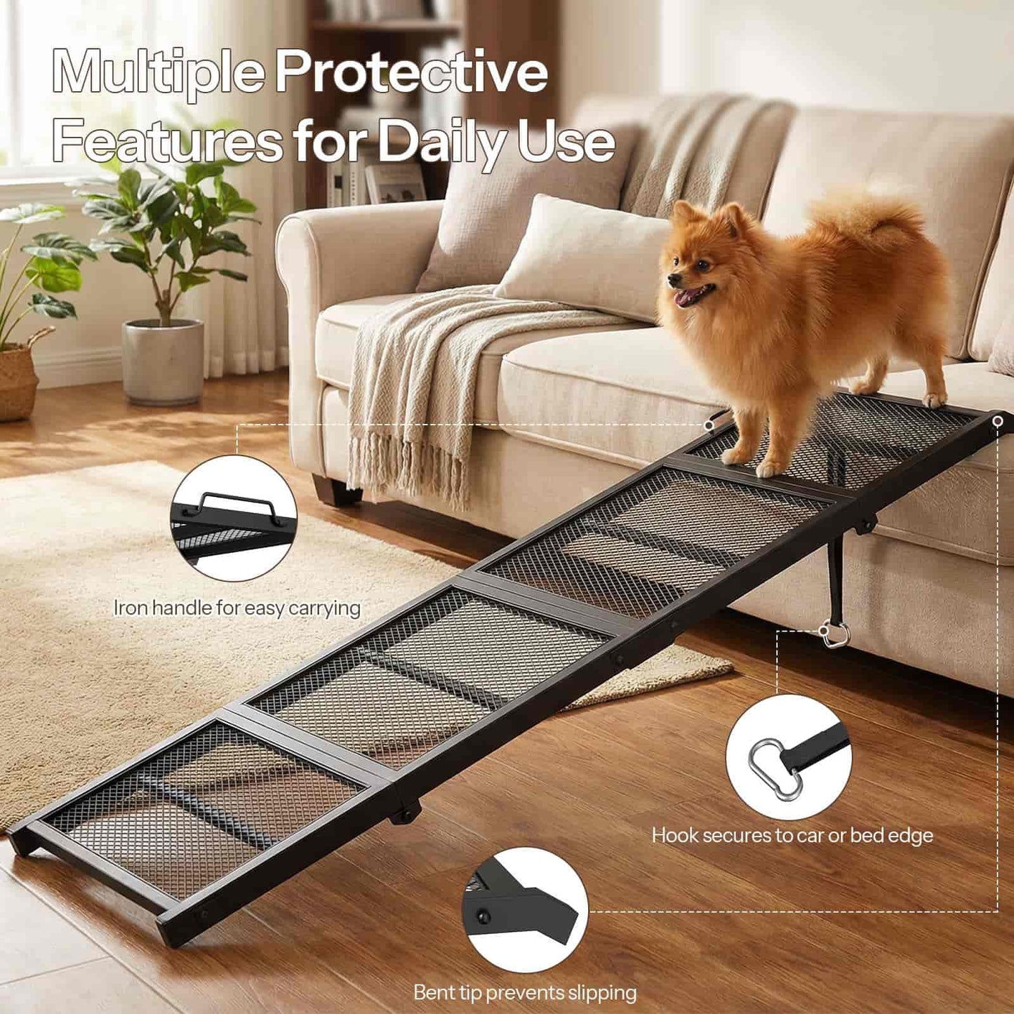Pet ramp in a living room with a dog on it, highlighting features like an iron handle and bent tip.