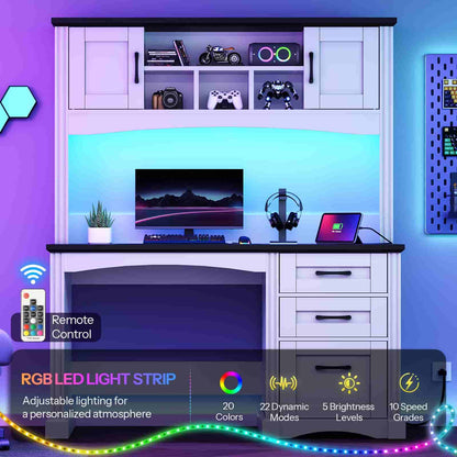 White entertainment console with RGB LED light strip, TV, and gaming setup in a room with colorful lighting.