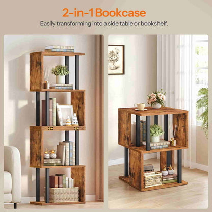 2-in-1 bookcase transforming into a side table or bookshelf with decorative items.