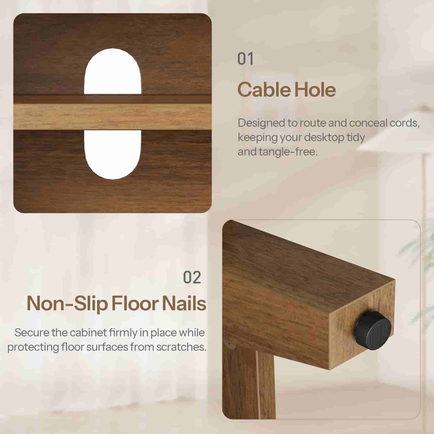Wooden cable management system with cable hole and non-slip floor nails on a neutral background.