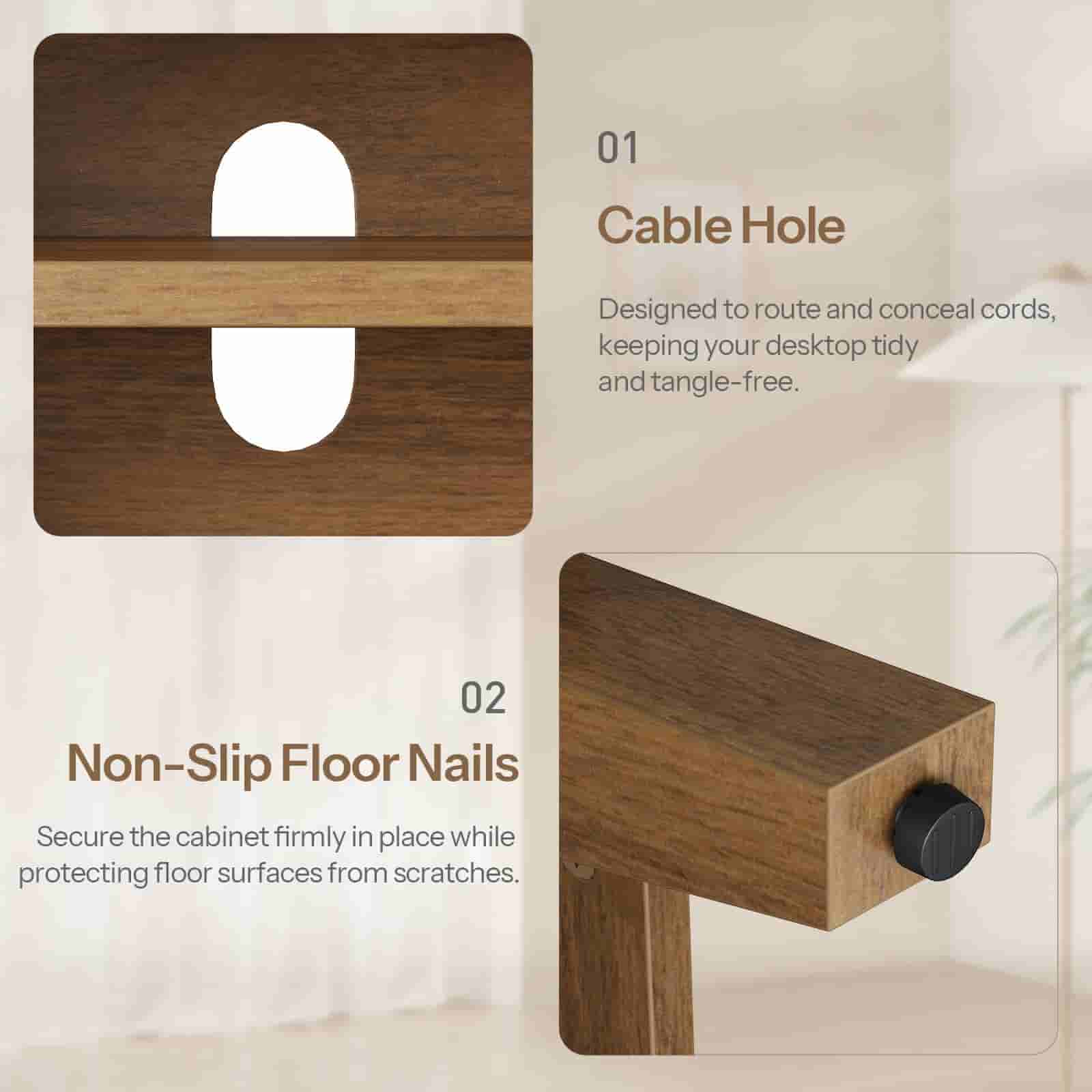 Wooden cable management system with cable hole and non-slip floor nails on a neutral background.