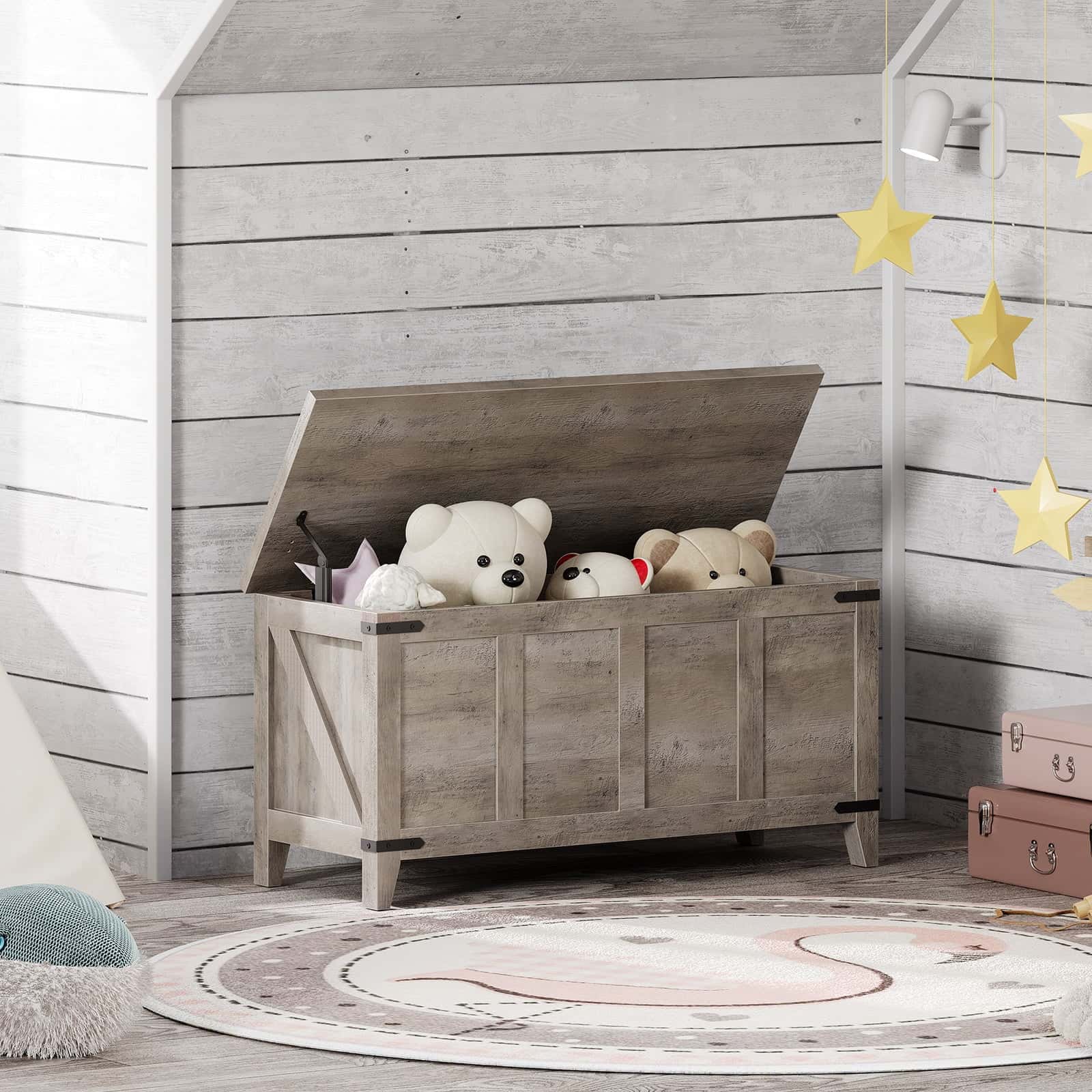 Wooden toy chest with stuffed animals in a child's room with wooden walls and star decorations.