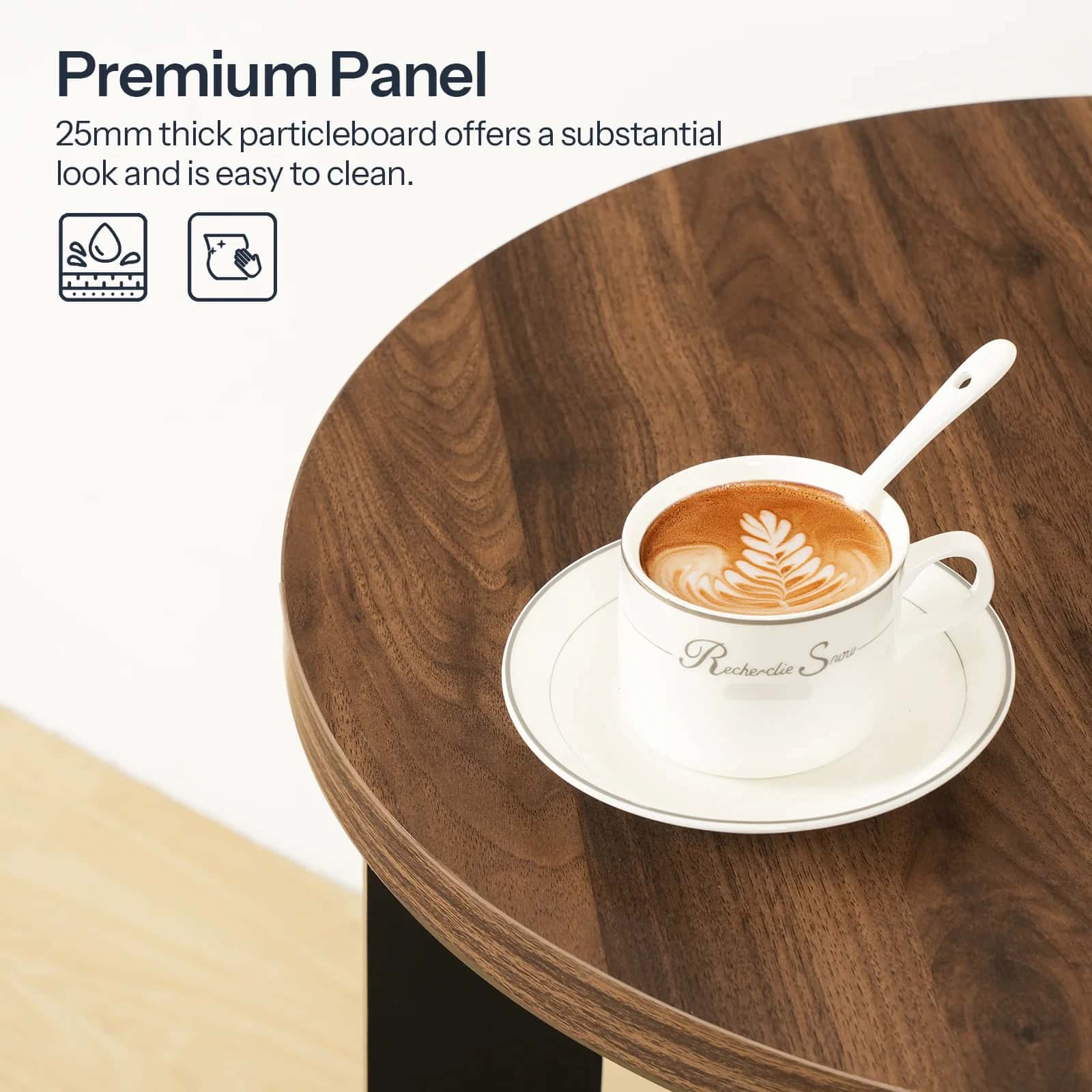 Cup of coffee with latte art on a wooden table, featuring text about premium panel material.