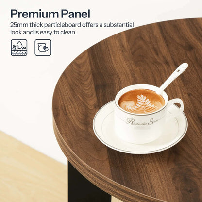 Cup of coffee with latte art on a wooden table, featuring text about premium panel material.