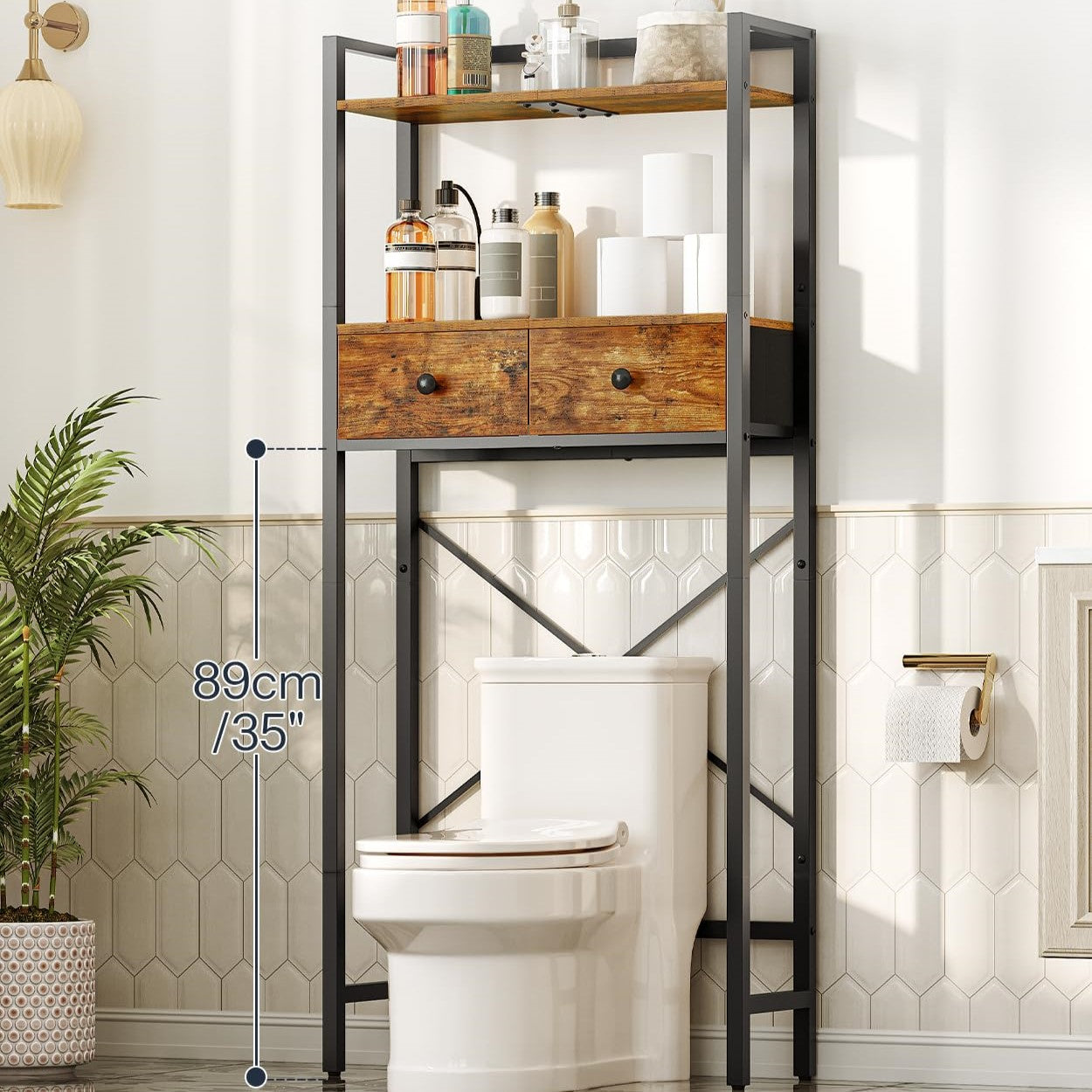 HOOBRO Retro Brown Toilet Above Shelf with 2 Drawers & 3 Shelves Bathroom Storage Rack