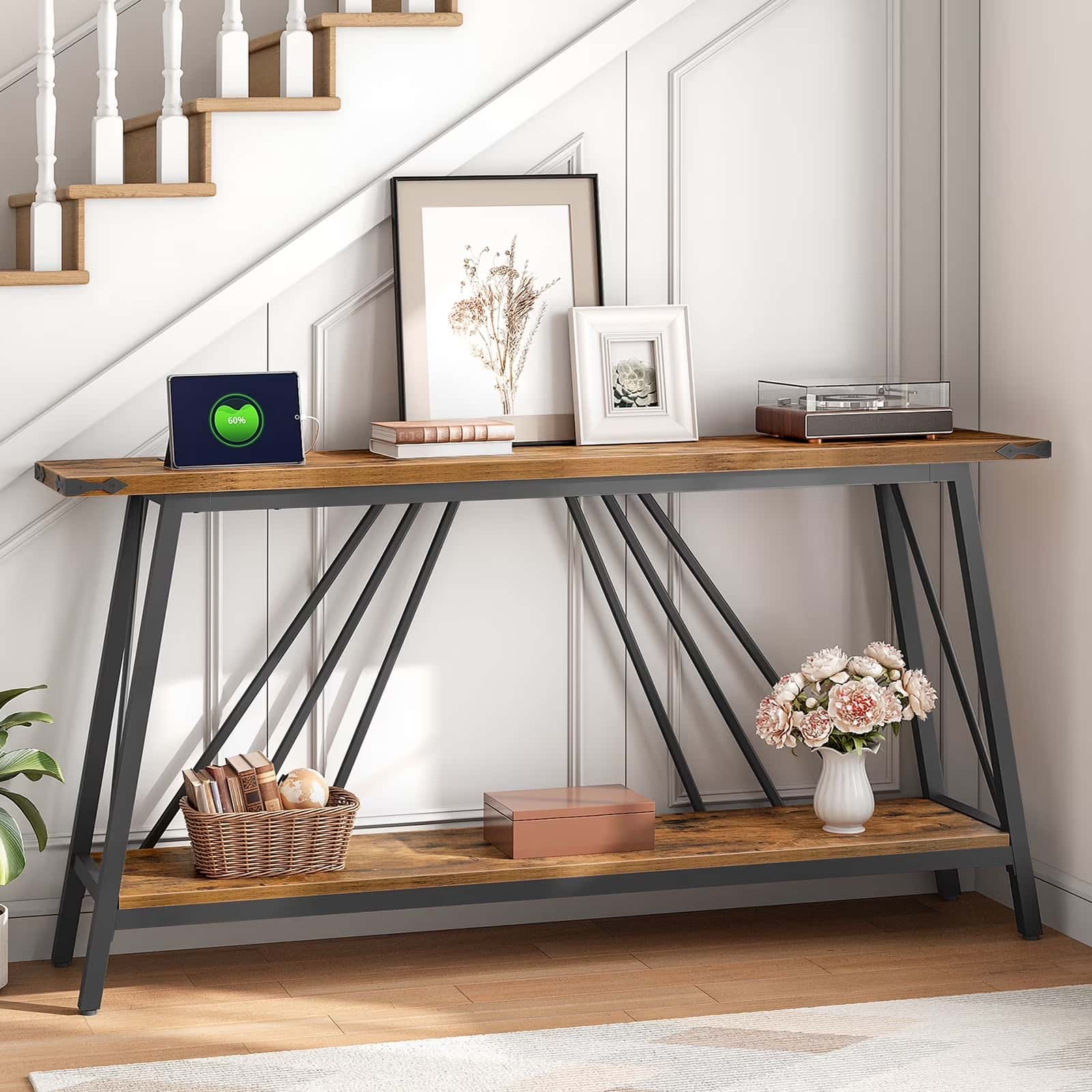 Wooden console table with metal legs in a home setting