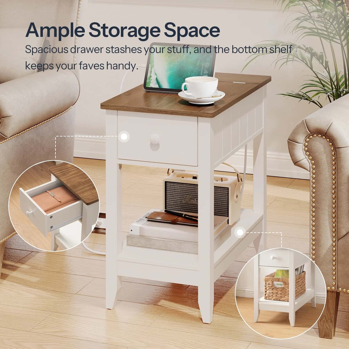 White side table with wooden top in a living room setting, showcasing storage space.