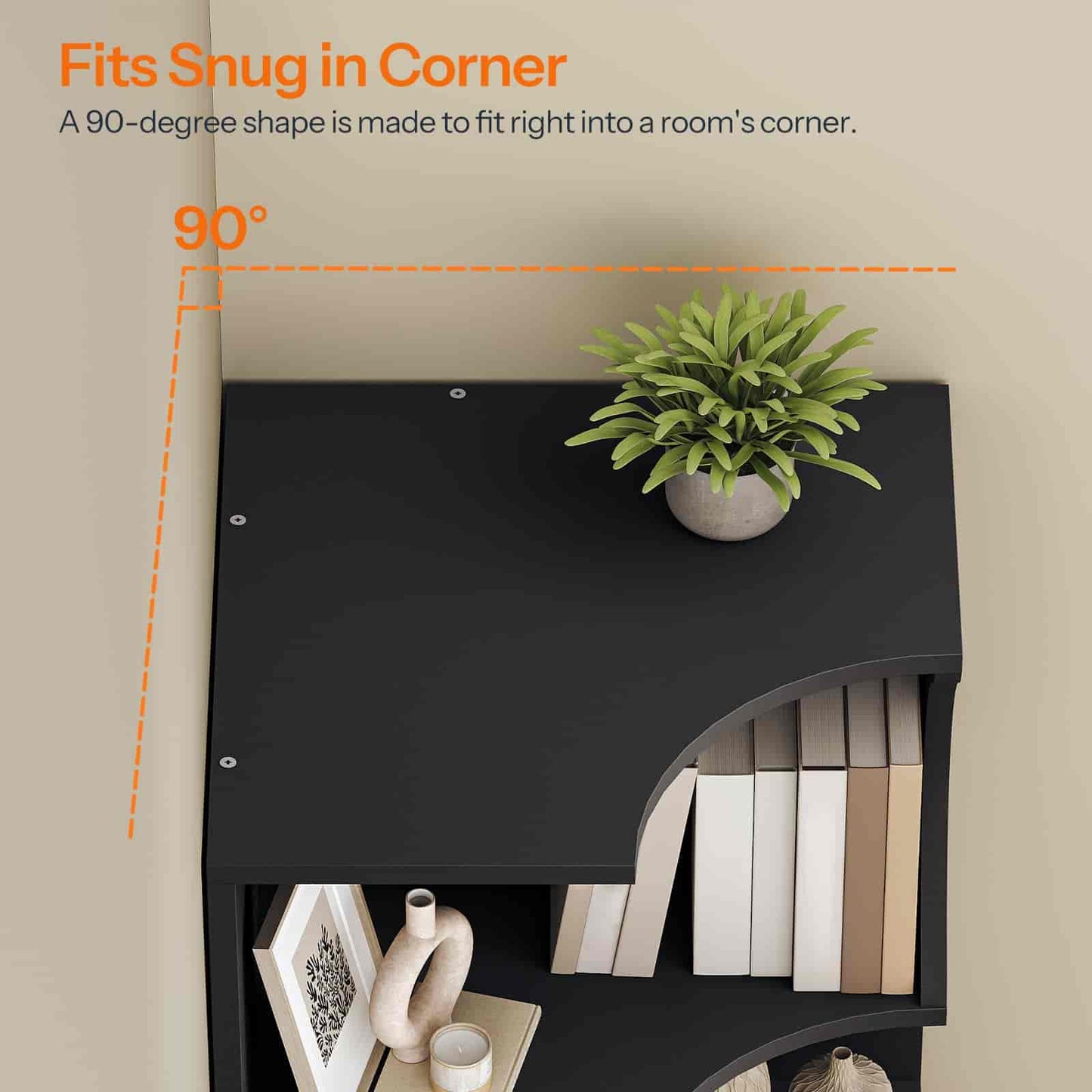 Black corner shelf with books and a plant against a beige wall