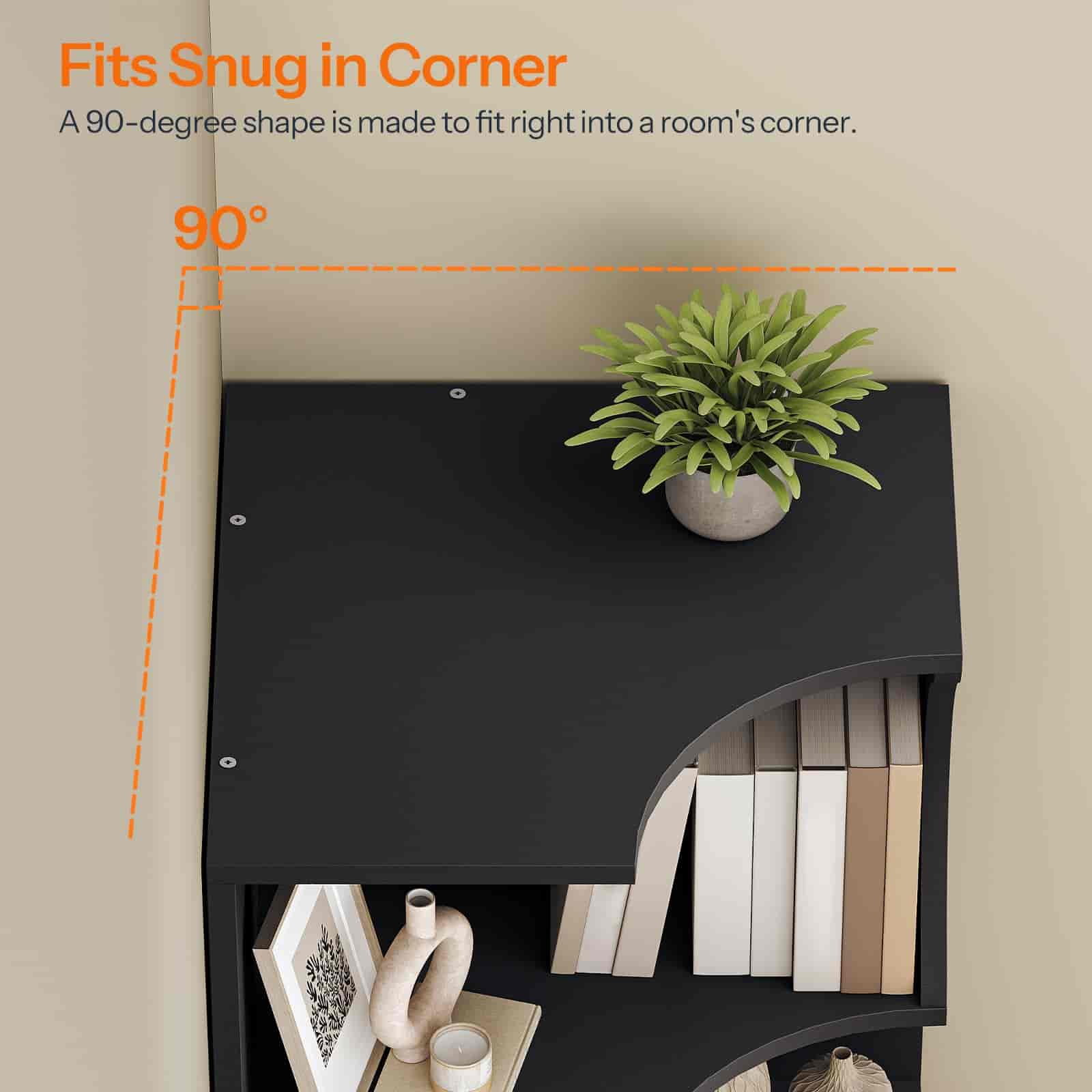 Black corner shelf with books and a plant against a beige wall