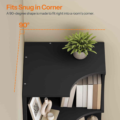 Black corner shelf with books and a plant against a beige wall