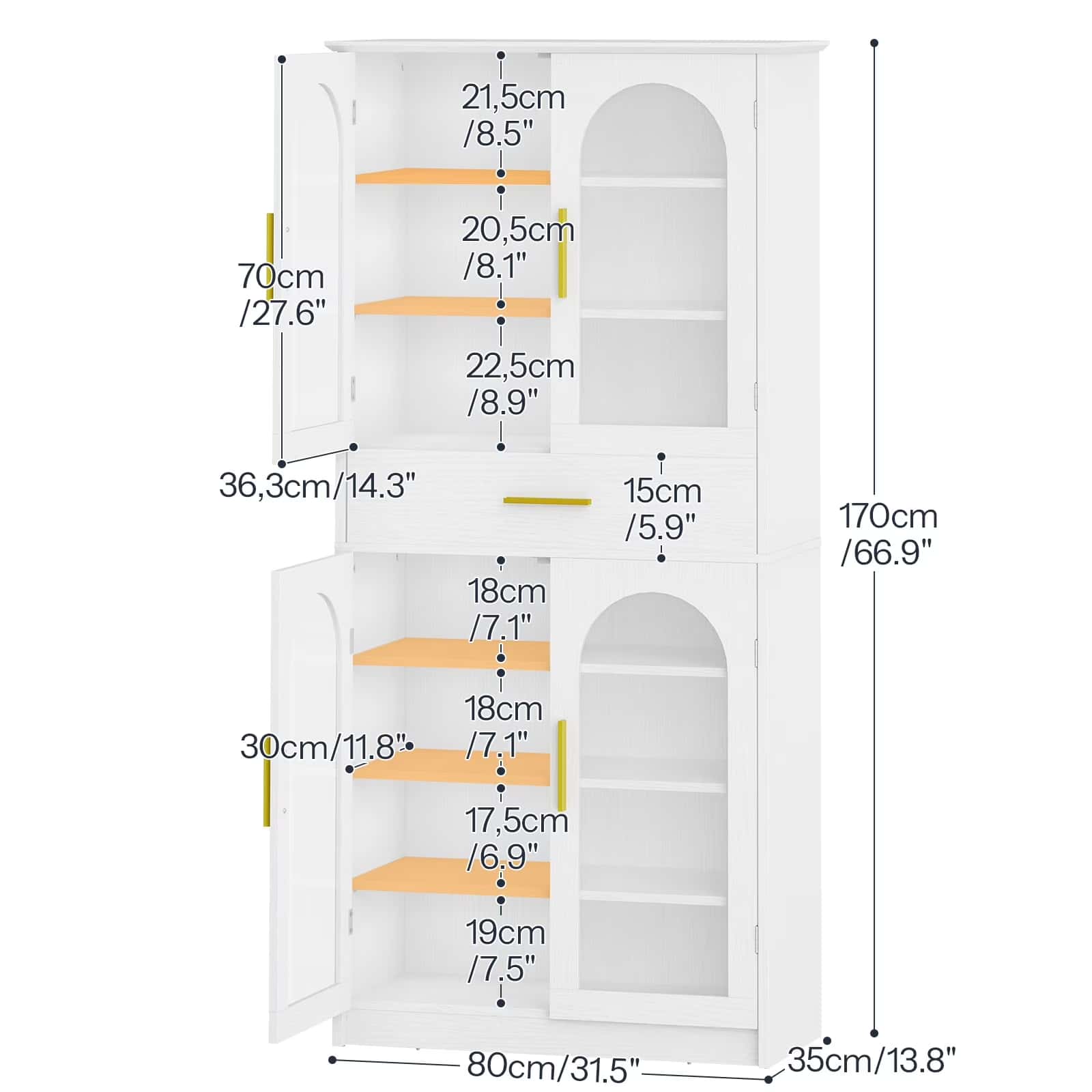 Measurement chart of a clear plastic box with dimensions labeled in centimeters and inches.