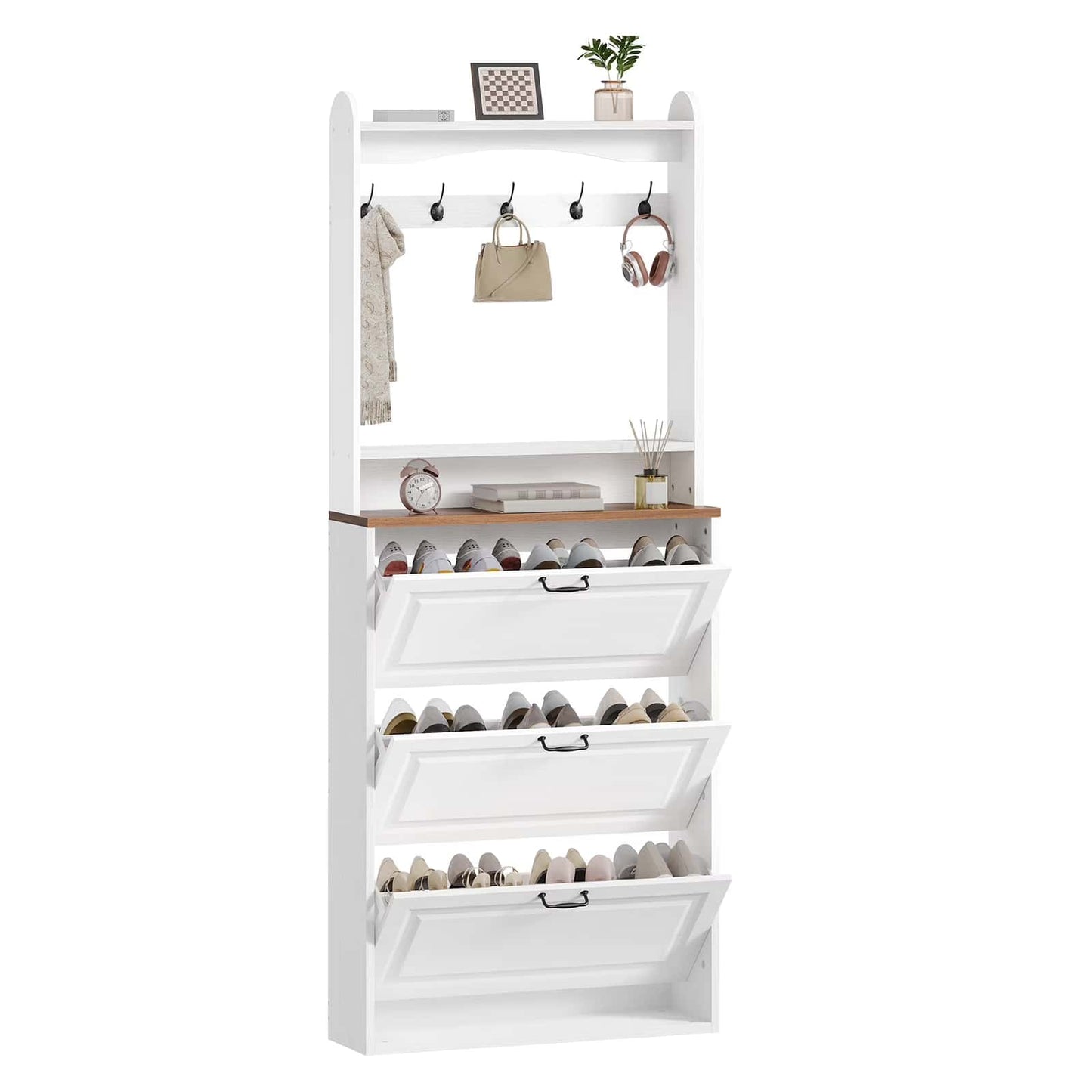 White shoe rack with multiple shelves on a white background