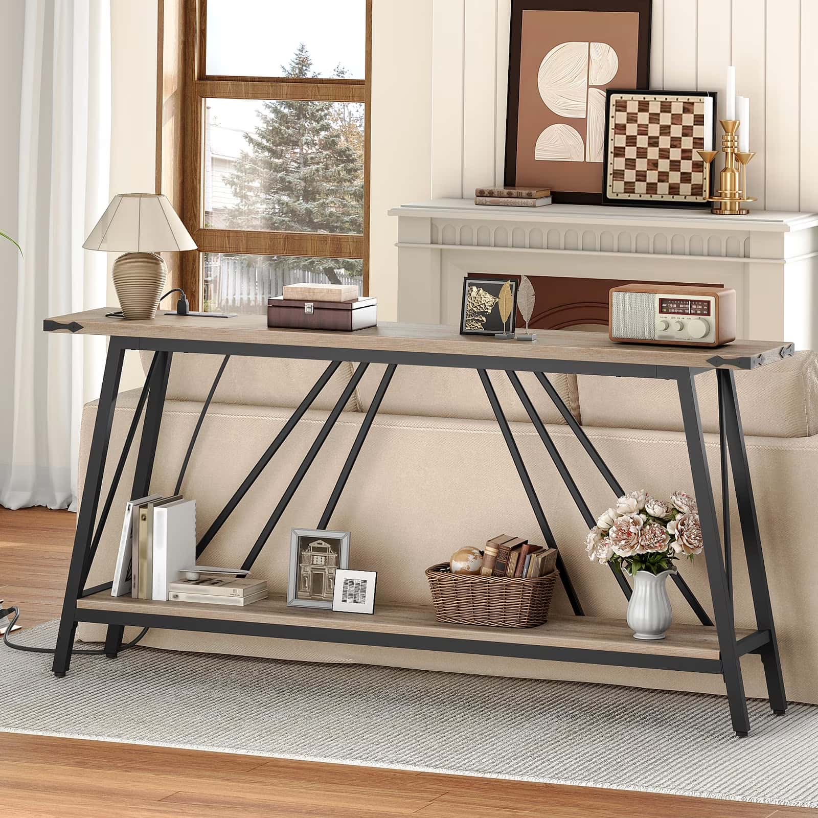 Console table with decorative items in a living room setting