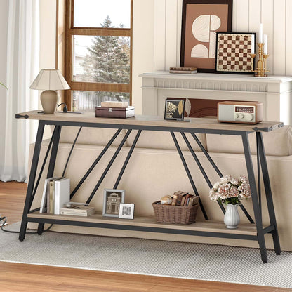 Console table with decorative items in a living room setting