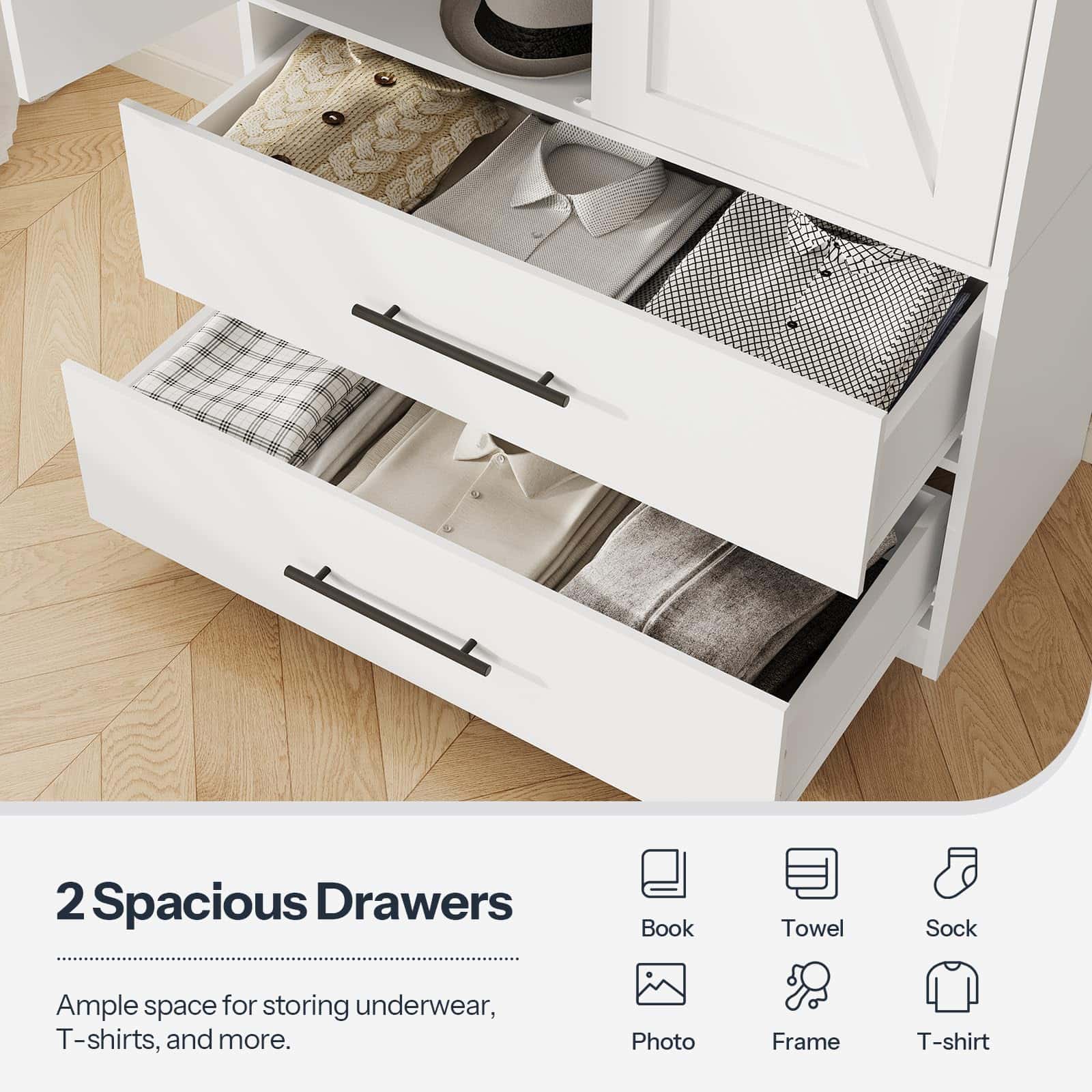 Open white dresser with two spacious drawers containing clothes on a wooden floor.