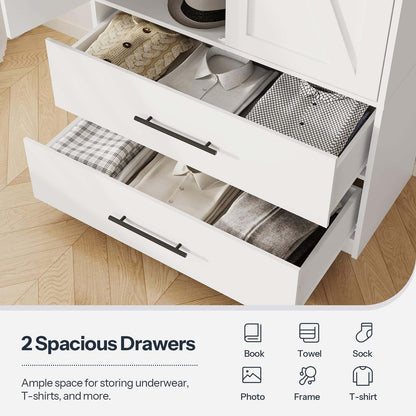Open white dresser with two spacious drawers containing clothes on a wooden floor.